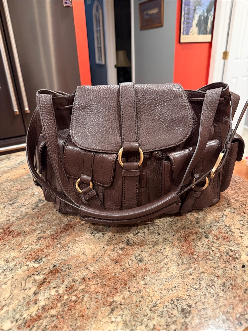 Cole Haan Chocolate Pebbled Brown Leather Shoulder Bag with Gold-Tone Accents